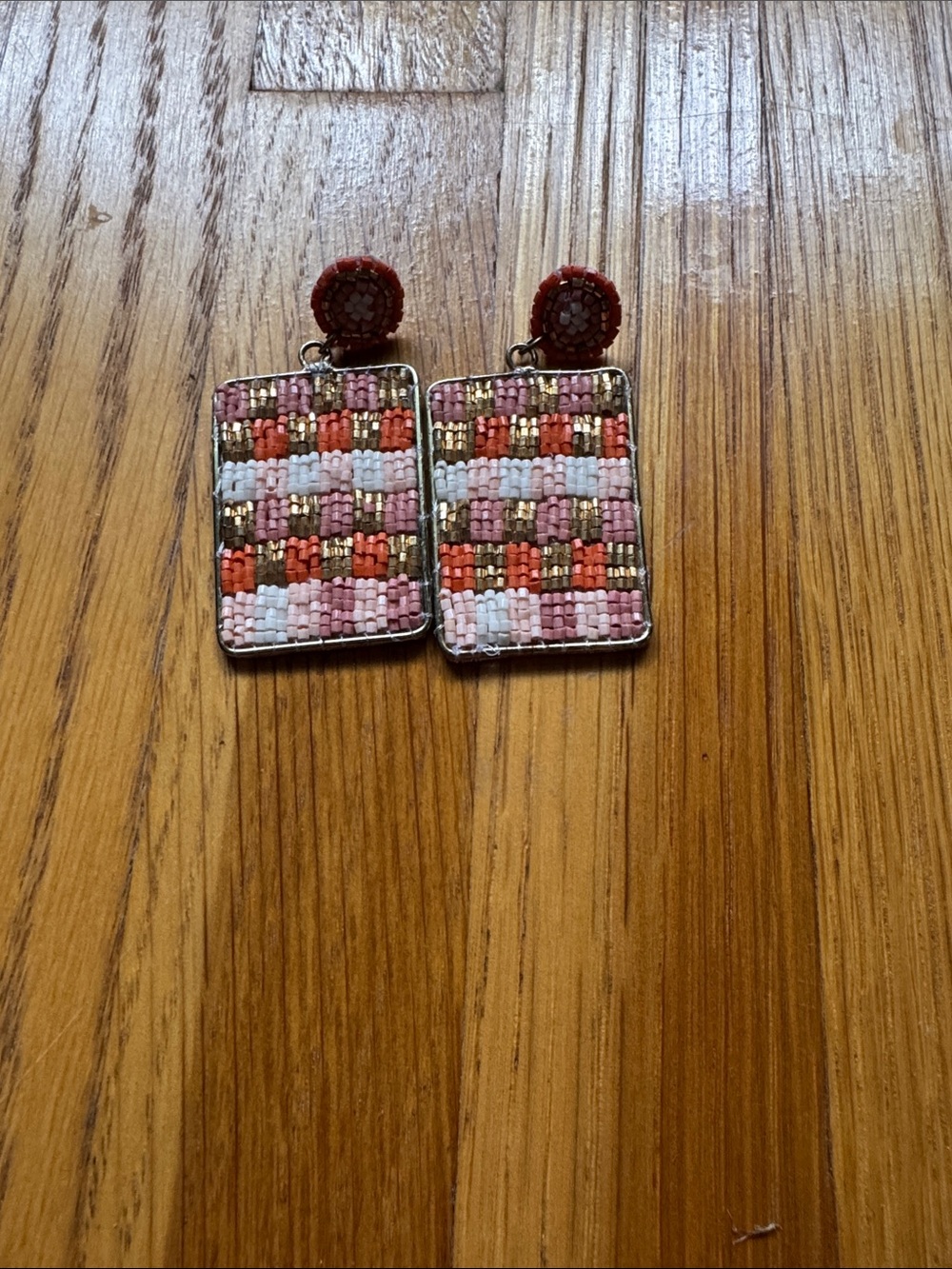 Multicolor Beaded Checker Drop Earrings - Pink & Coral